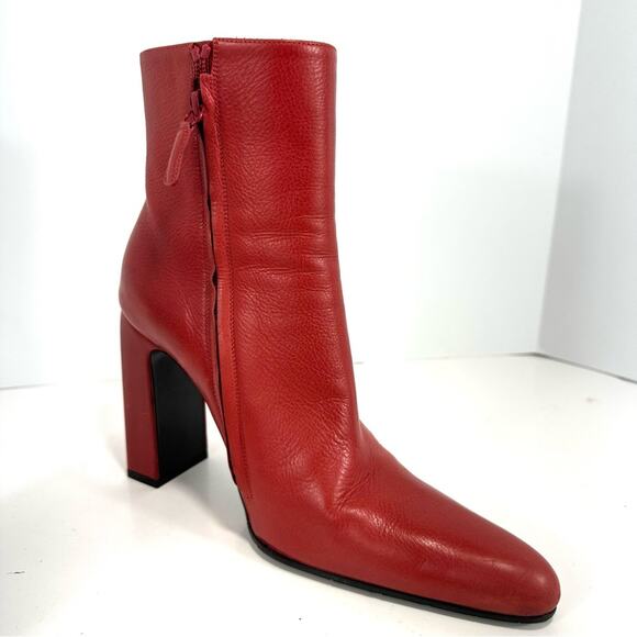 Balenciaga Red Leather Almond Pointy Toe Block Heel Ankle Boots EU 37 US 7 - Picture 13 of 15